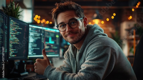 Happy Programmer Giving Thumbs Up in Modern Software Development Office