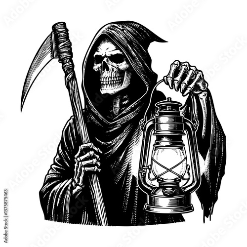 Grim reaper holding lantern sketch engraving black and white outline. Scratch board imitation.
