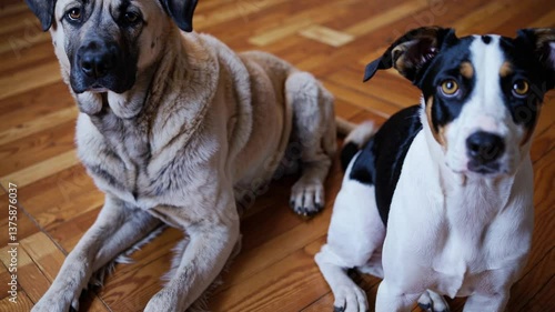 Two Dogs Relaxing Together on a Wooden Floor