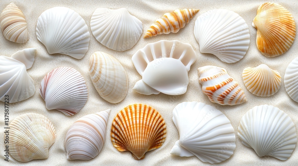 A collection of various white and cream seashells arranged on a sandy surface, showcasing intricate designs and textures. A collection of various white and cream seashells arranged on a sandy surface, showcasing intricate designs and textures.