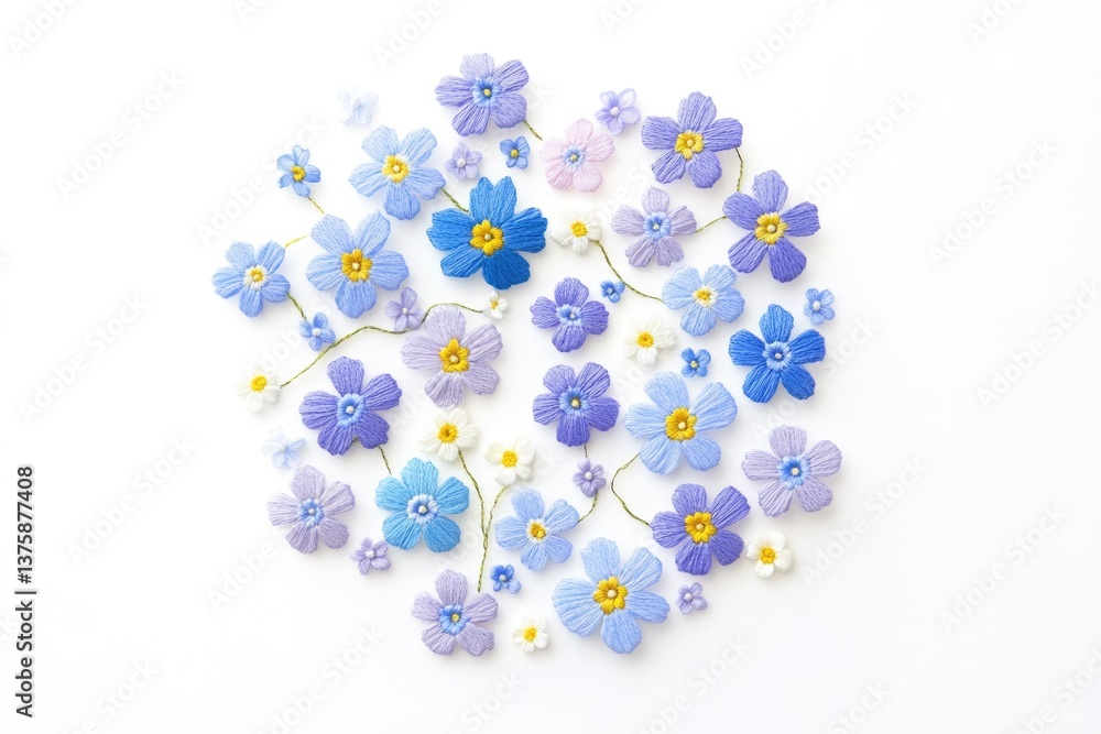 A circular arrangement of delicately crafted forget-me-nots in varying shades of blue and purple. A circular arrangement of delicately crafted forget-me-nots in varying shades of blue and purple.