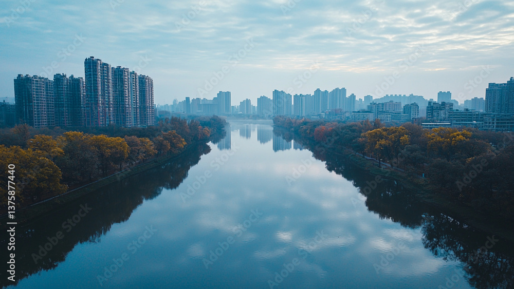 Fototapeta premium Aerial drone view of a city skyline reflected in a calm river