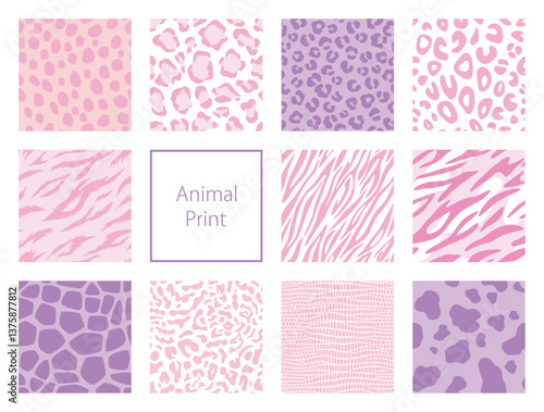 Animal print backgrounds include 11 different designs with pink and purple colors,  Seamless vector patterns
