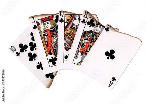 A hand of burnt playing cards in the suit of clubs.