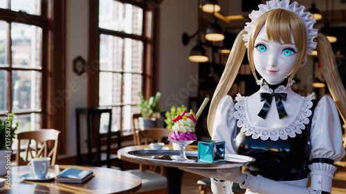 Futuristic Robot Waitress Serving Desserts in a Modern Café