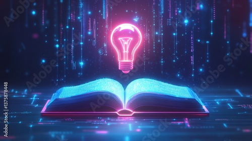 Futuristic Digital Book with Glowing Lightbulb Conceptualizing Knowledge and Innovation