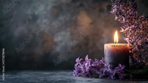 Candlelight with Lilac Flowers on Dark Background  