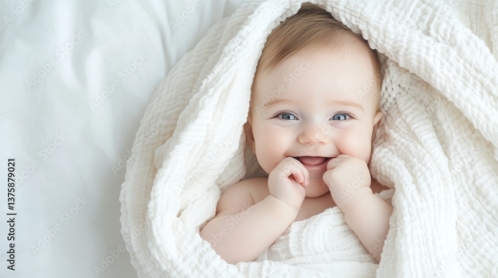 Adorable smiling baby wrapped in soft white blanket lying on bed looking at camera
