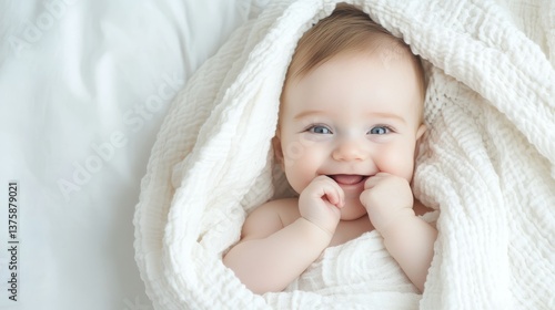 Obraz na płótnie Adorable smiling baby wrapped in soft white blanket lying on bed looking at camera w salonie