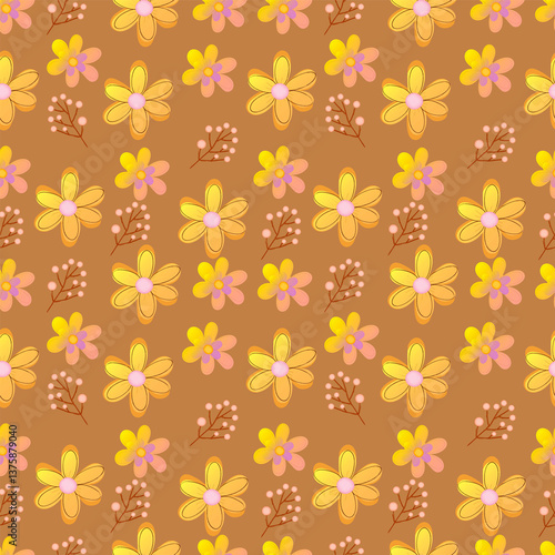 Wallpaper Mural A seamless floral pattern of delicate flowers with pink centers, with small flowers and branches with berries. Torontodigital.ca