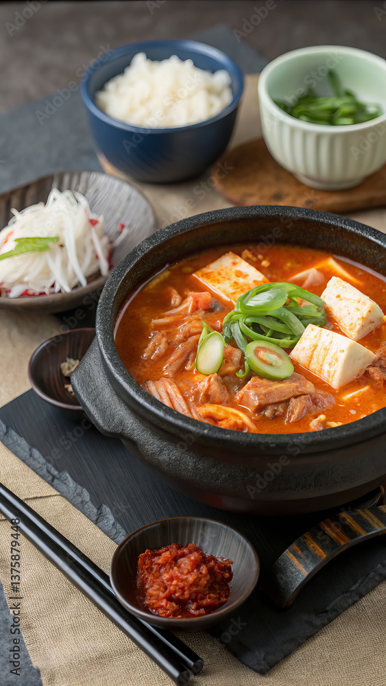 Kimchi Chchige (Korea): Spicy soup with kimchi, tofu and meat (or seafood). food vertical format Kimchi Chchige (Korea): Spicy soup with kimchi, tofu and meat (or seafood). food vertical format
