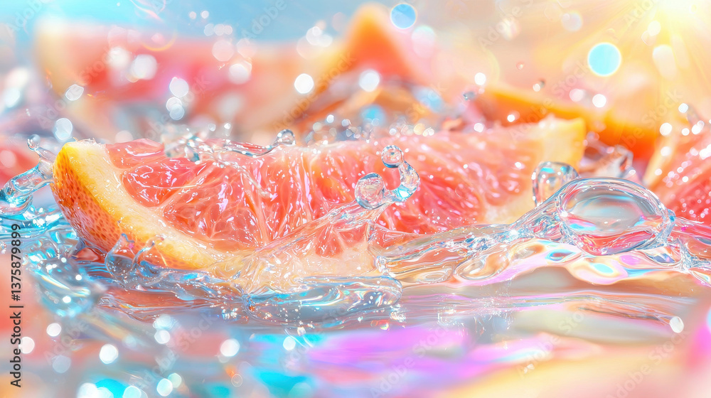 Fresh grapefruit slices splashing in water, creating vibrant and refreshing scene filled with droplets and light
