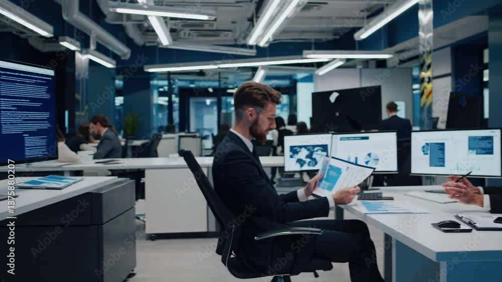 Modern Office Environment with Professionals Collaborating on Data Analysis Modern Office Environment with Professionals Collaborating on Data Analysis