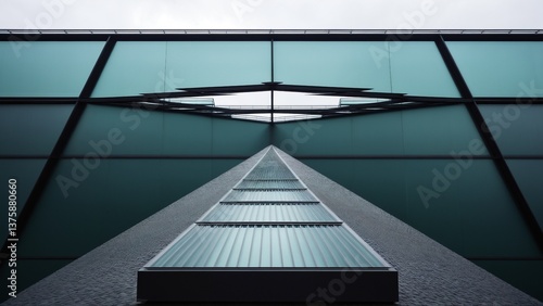 A mesmerizing architectural view featuring a striking turquoise facade with a distinctive triangular roof that ascends to a vanishing point in the sky.