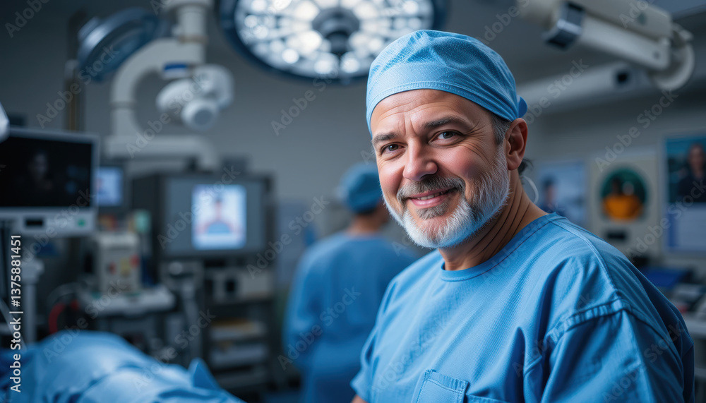 smiling surgeon blue surgical scrub and cap, standing operating room with medical equipment background, exuding confidence smiling surgeon blue surgical scrub and cap, standing operating room with medical equipment background, exuding confidence