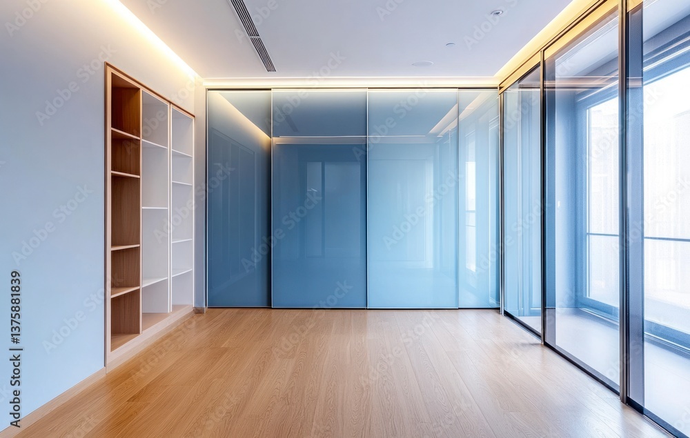 Obraz premium Modern Room with Wooden Floor Sliding Doors and White Bookshelf