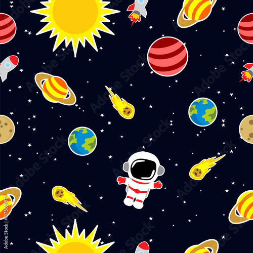 vector space elements seamless pattern with planets rocket meteorit and astronaut