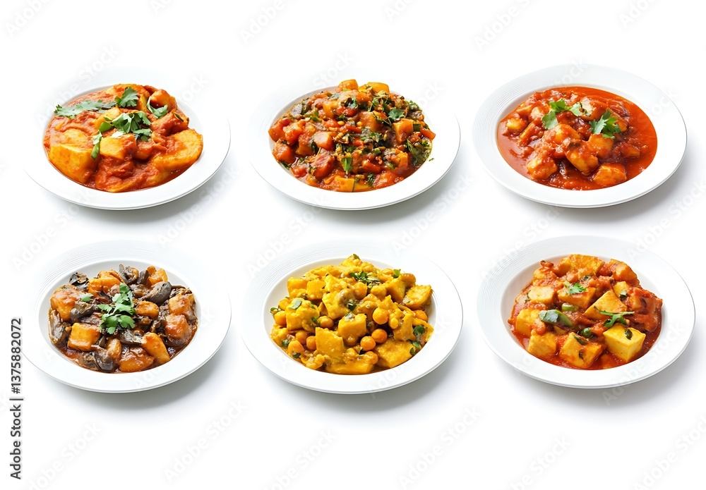 6 plates of Indian cuisine on a white background 6 plates of Indian cuisine on a white background