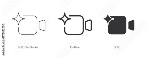 Generate video AI icon set. Video camera with generate symbol. Line and silhouette icon. Icons for app user interface and web elements. Vector illustration. Editable stroke.