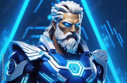 Cyberpunk man on blue neon background