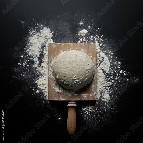 Ball with raw dough on a wooden board with flour on a dark background