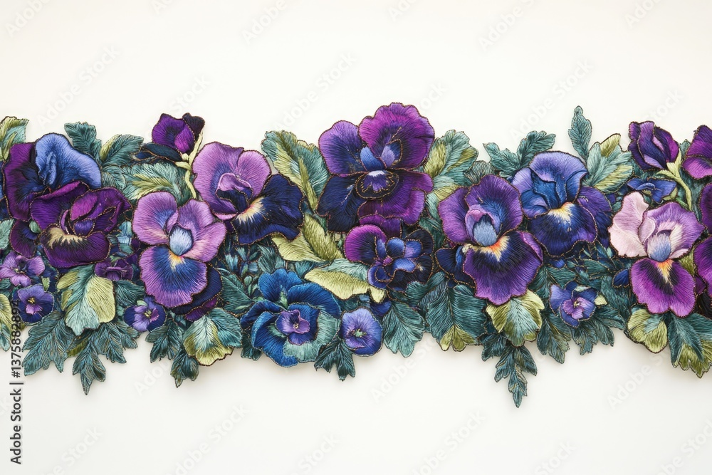 Obraz premium Intricate embroidered floral border featuring vibrant purple and blue pansies, detailed leaves, and gold accents.