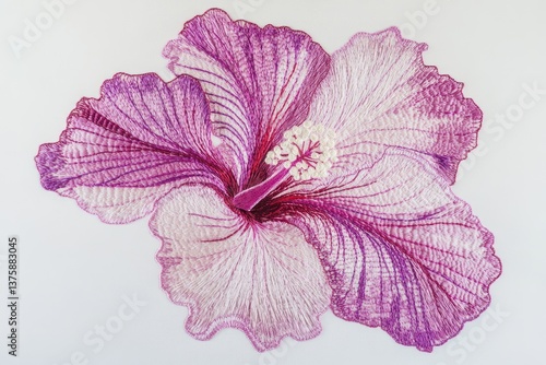 Intricate embroidery depicting a vibrant purple hibiscus flower, showcasing detailed stitching and realistic texture.