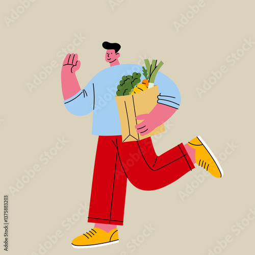 Happy man holding paper bag with fresh vegetables. Eco-Friendly grocery shopping, organic farm produce, healthy food, zero waste lifestyle, sustainable living, vegan diet concept illustration.