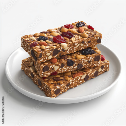 A 3D rendering of a stack of homemade granola bars with nuts, dried fruit, and chocolate chips, placed on a white plate