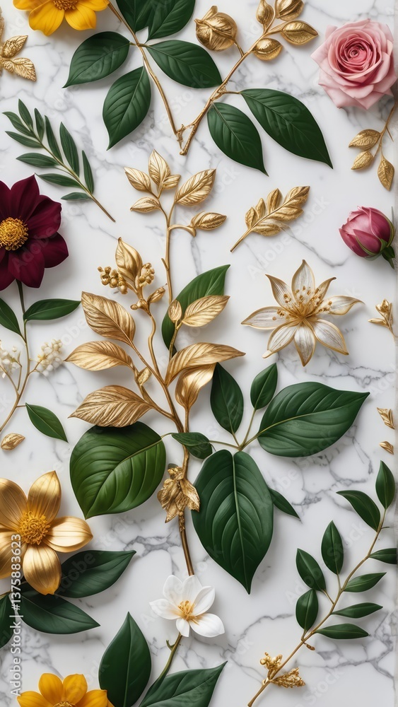 Luxurious floral pattern with gold accents on marble. Elegant, modern design perfect for backgrounds or decorative themes. Luxurious floral pattern with gold accents on marble. Elegant, modern design perfect for backgrounds or decorative themes.