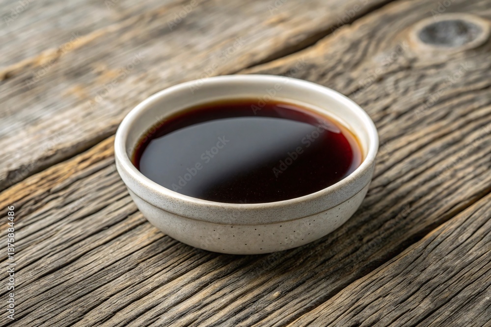 Small White Bowl of Soy Sauce on a Rustic Wooden Surface: Simple Dining Concept Small White Bowl of Soy Sauce on a Rustic Wooden Surface: Simple Dining Concept