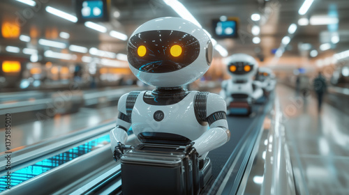 Wallpaper Mural Airport Robot Assistants. Several robots are riding a moving walkway, assisting with luggage in what seems to be an airport terminal. Torontodigital.ca