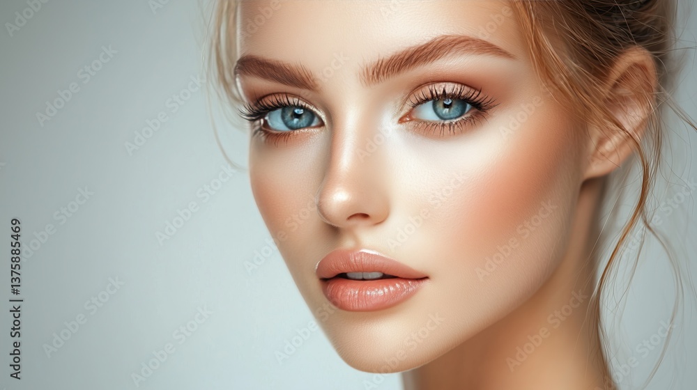 Close up portrait of beautiful woman with flawless skin bright blue eyes and elegant makeup on light background Close up portrait of beautiful woman with flawless skin bright blue eyes and elegant makeup on light background