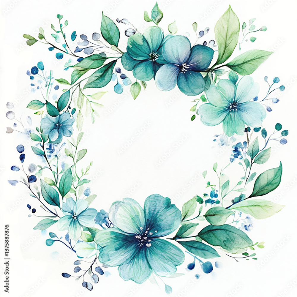 Obraz premium blue green round watercolor frame on white background. Tender floral arrangement for wedding design