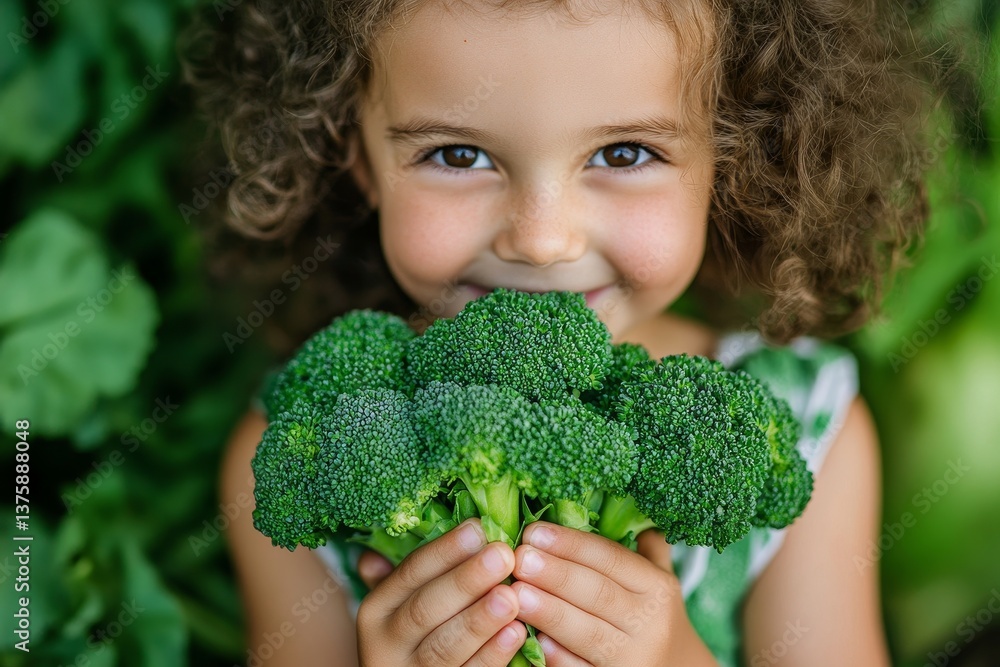 Little girl smiling and holding fresh broccoli with both hands standing in green garden on summer day