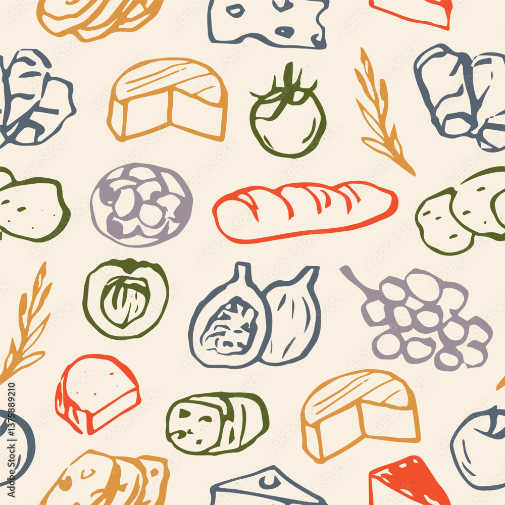 Obraz premium Hand drawn sketch charcuterie board food background