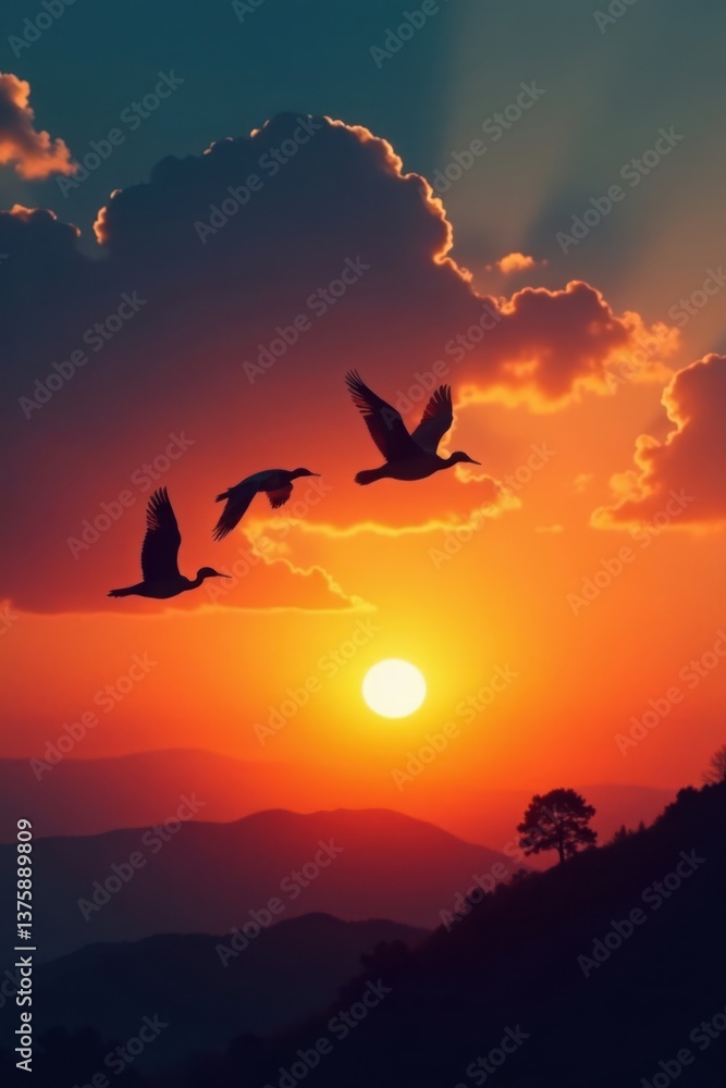 Fototapeta premium Group of silhouetted birds in flight against sunset, nature scene, birds silhouette