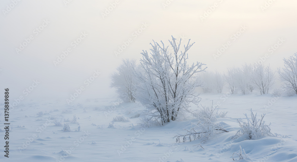 Frozen winter landscape with ice-covered branches and a soft layer of fresh snow. Frozen winter landscape with ice-covered branches and a soft layer of fresh snow.