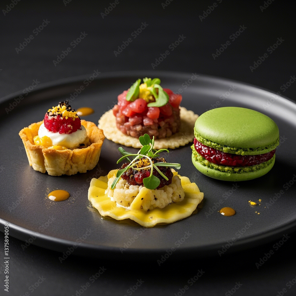 A modern gourmet tasting plate with a fusion of global cuisines presenting modern artistic cooking A modern gourmet tasting plate with a fusion of global cuisines presenting modern artistic cooking