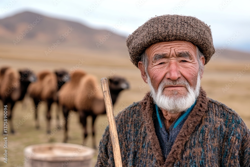 Elderly shepherd standing in steppe landscape with traditional clothes and wooden staff near a herd of camels