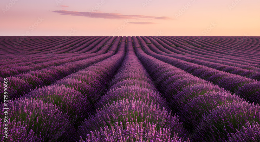 Fototapeta premium Endless lavender fields stretching towards the horizon, bathed in soft purple hues.