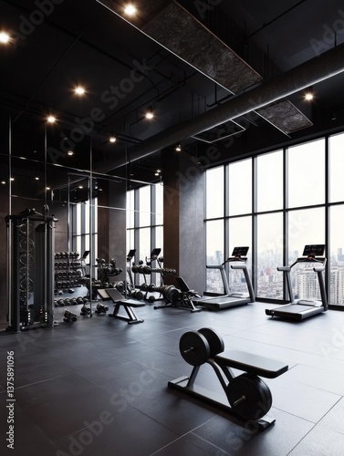 Modern urban gym with city view featuring treadmills and strength equipment