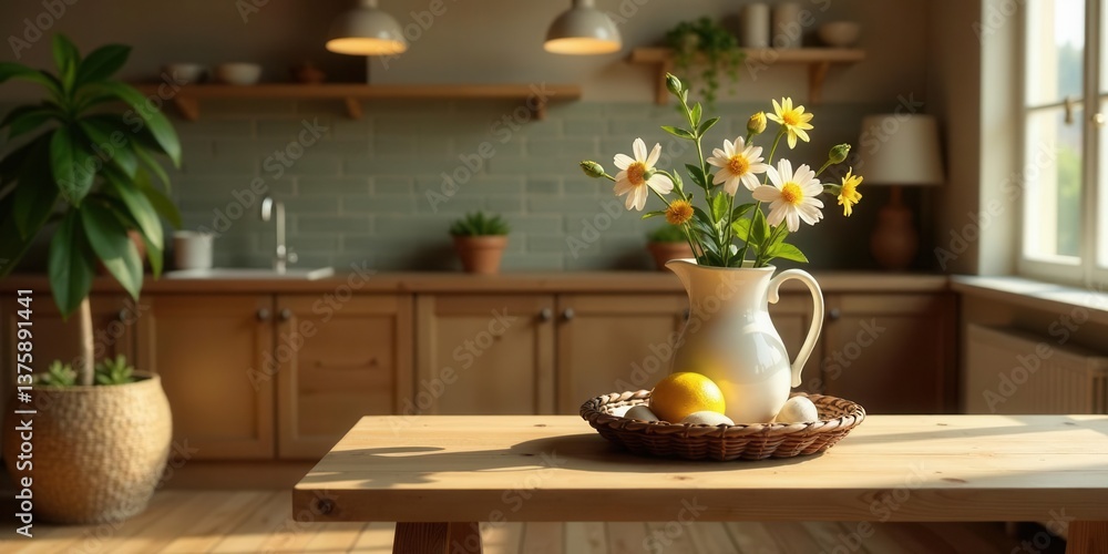 Sunlit Kitchen Table with Daisies and Fruit in a Rustic Setting Sunlit Kitchen Table with Daisies and Fruit in a Rustic Setting