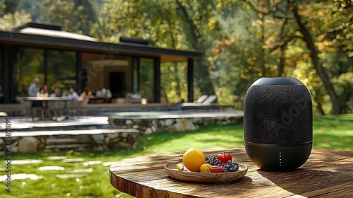 Outdoor speaker on wooden table with fruit, blurred luxury home background.