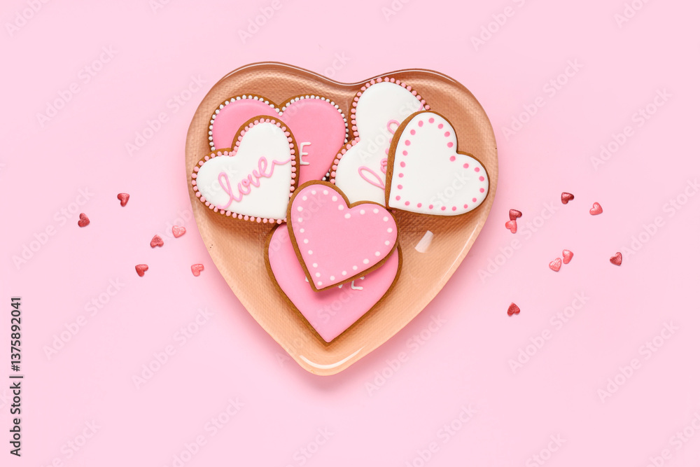 Plate with heart shaped cookies on pink background. Valentine's day celebration Plate with heart shaped cookies on pink background. Valentine's day celebration