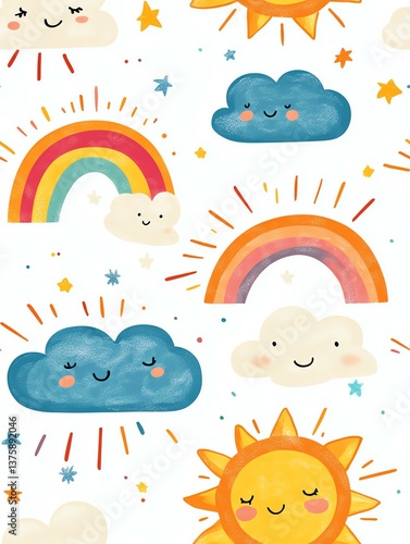 cute seamless A cheerful pattern featuring smiling clouds, sunny faces, and colorful rainbows, perfect for cheerful designs.