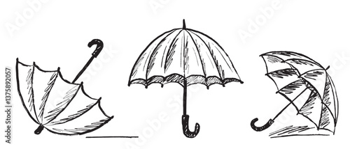 Umbrella cane drawing. Opened umbrella on the ground in brush stroke texture isolated on white background. Hand drawn vector sketch illustration in vintage charcoal ink. Icon set, package design