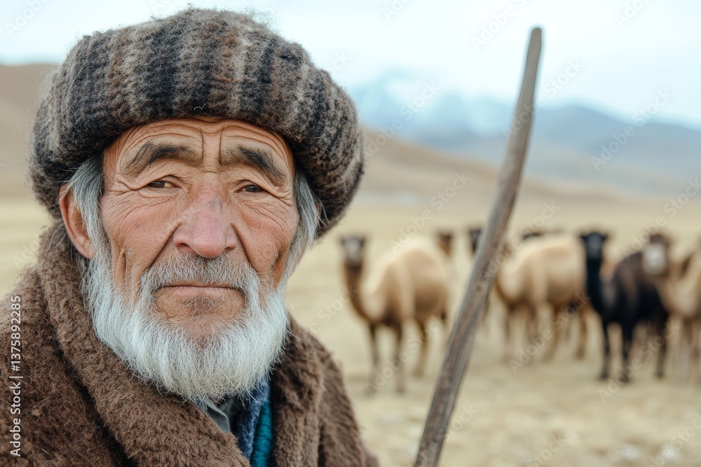 Nomadic herder in traditional winter clothing standing with wooden staff in steppe with camels in background