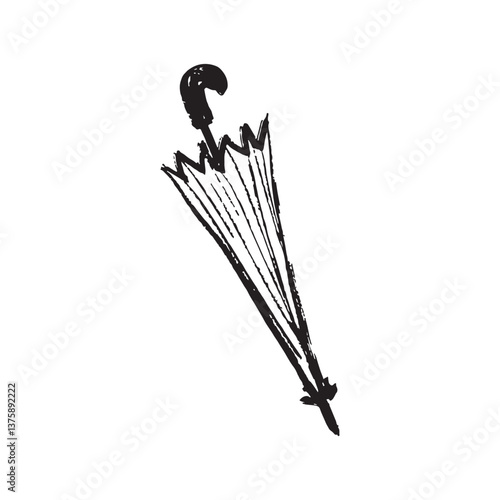 Straight closed umbrella stick drawing in black in brush stroke texture isolated on white background. Hand drawn vector sketch illustration in vintage charcoal ink. Package design, sticker