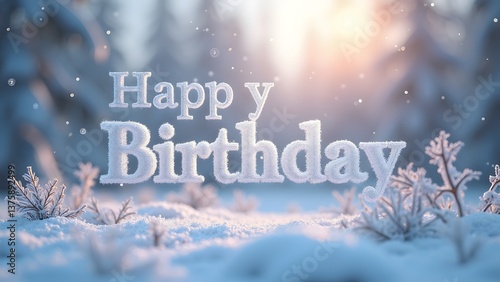 A soft snowy winter wonderland birthday theme with delicate snowflakes and ‘Happy Birthday’ in frosty lettering